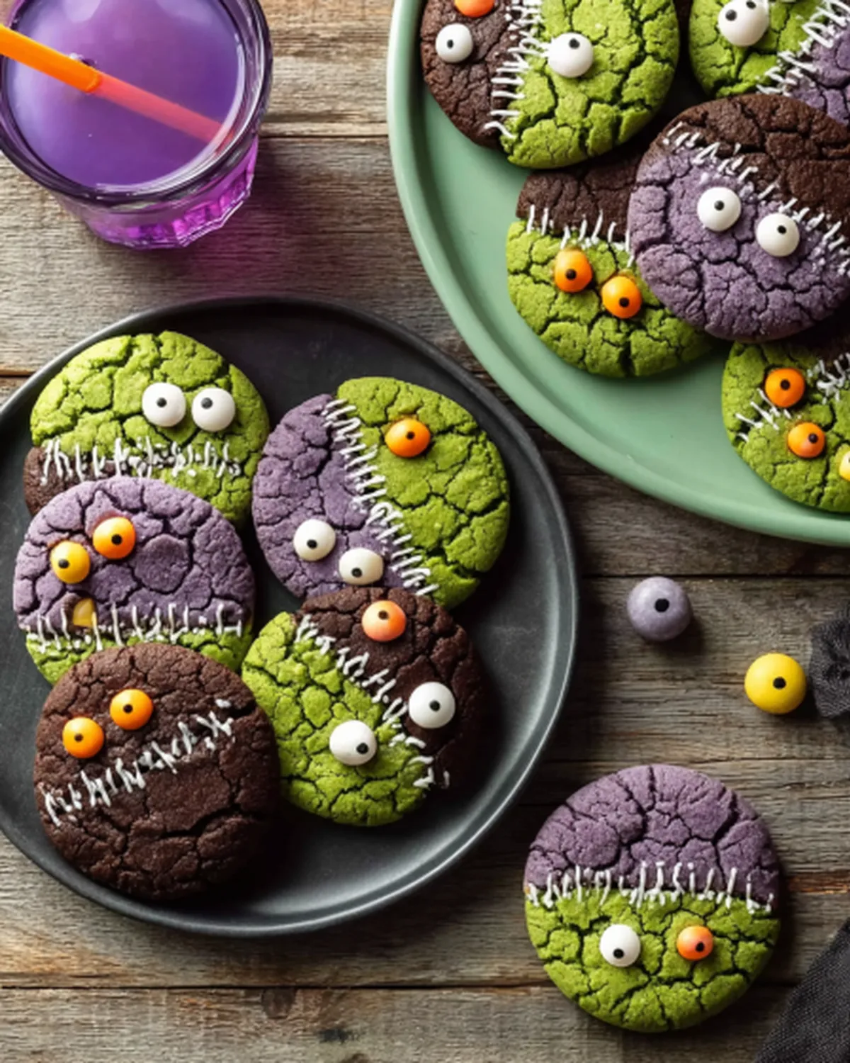 A platter of colorful Spooky Vegan Halloween Cookies decorated like monsters with candy eyes and stitched icing.
