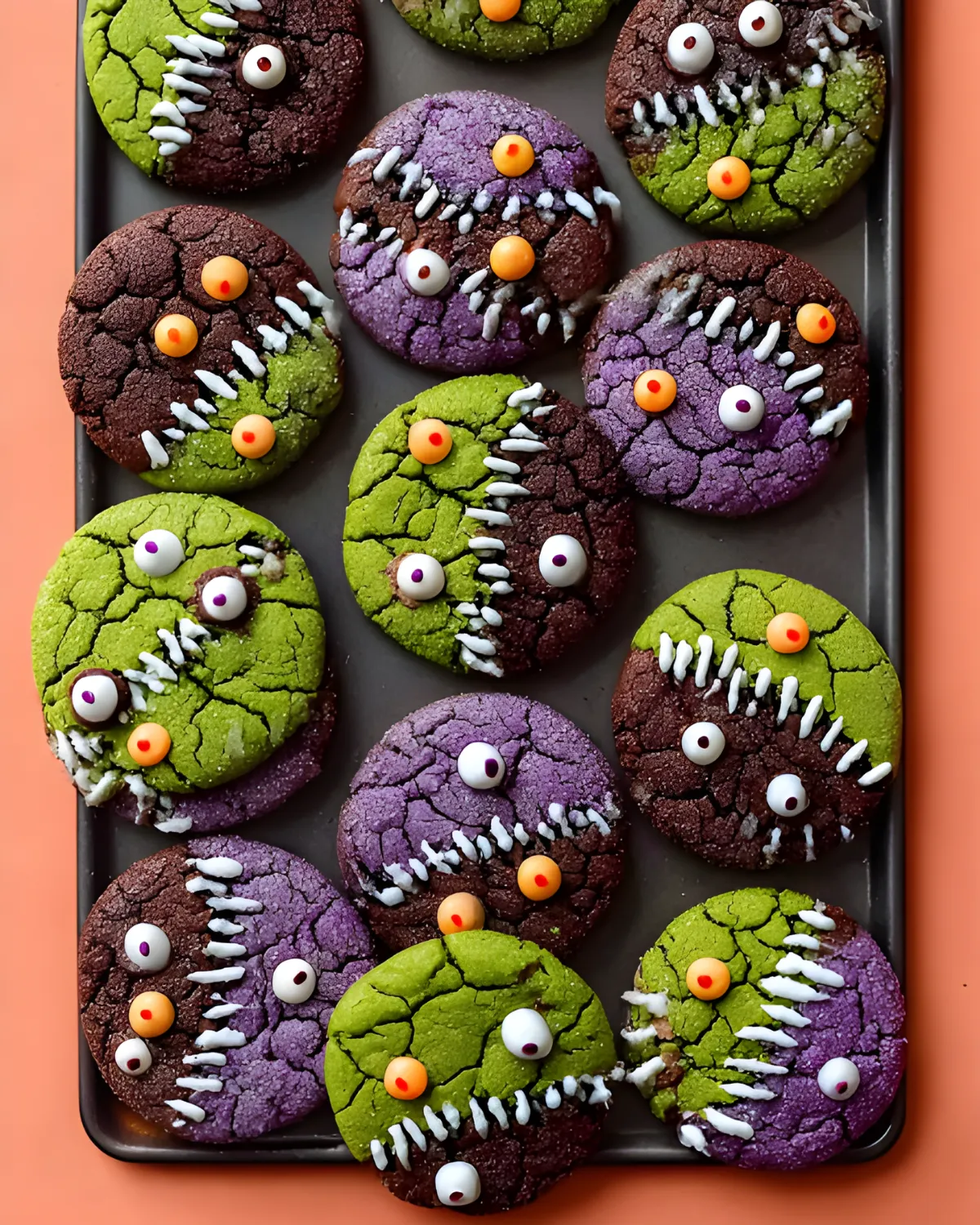 Tray of Spooky Vegan Halloween Cookies featuring monster designs with colorful dough, candy eyes, and icing teeth.