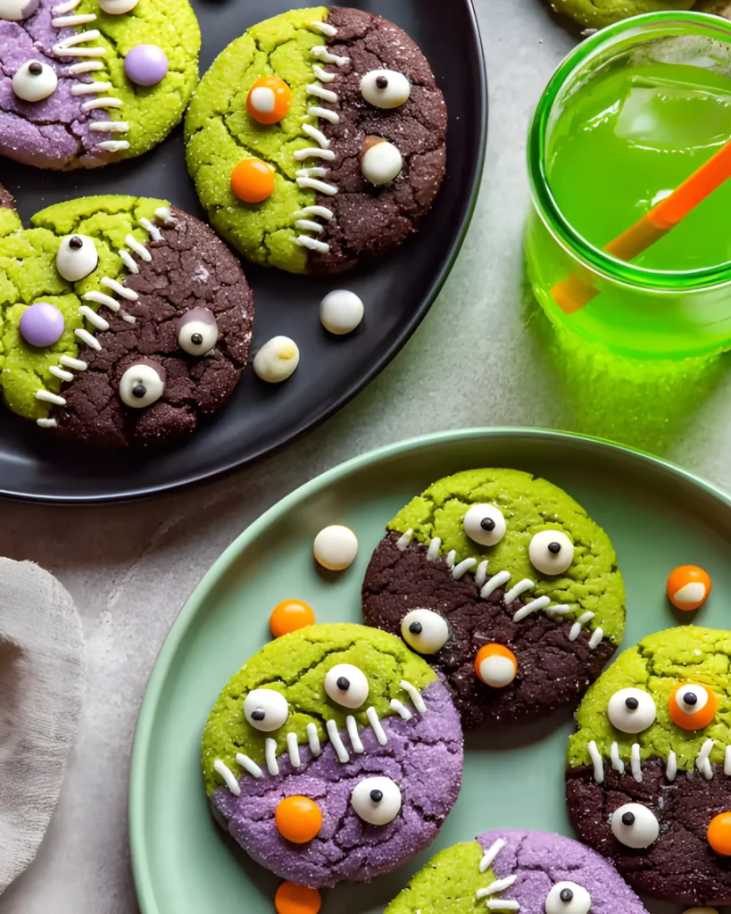 Spooky Vegan Halloween Cookies decorated with candy eyes and icing stitches, served with a bright green drink.