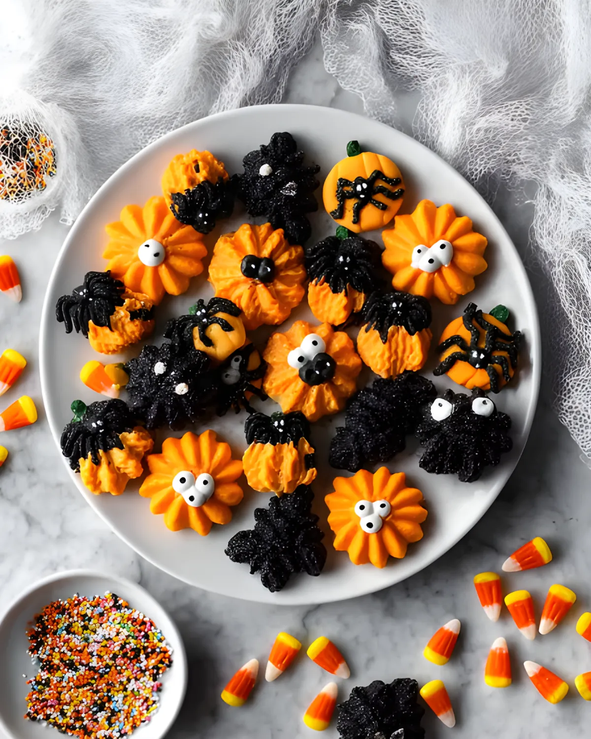 Festive Halloween Spritz Cookies decorated as pumpkins and spiders on a white plate