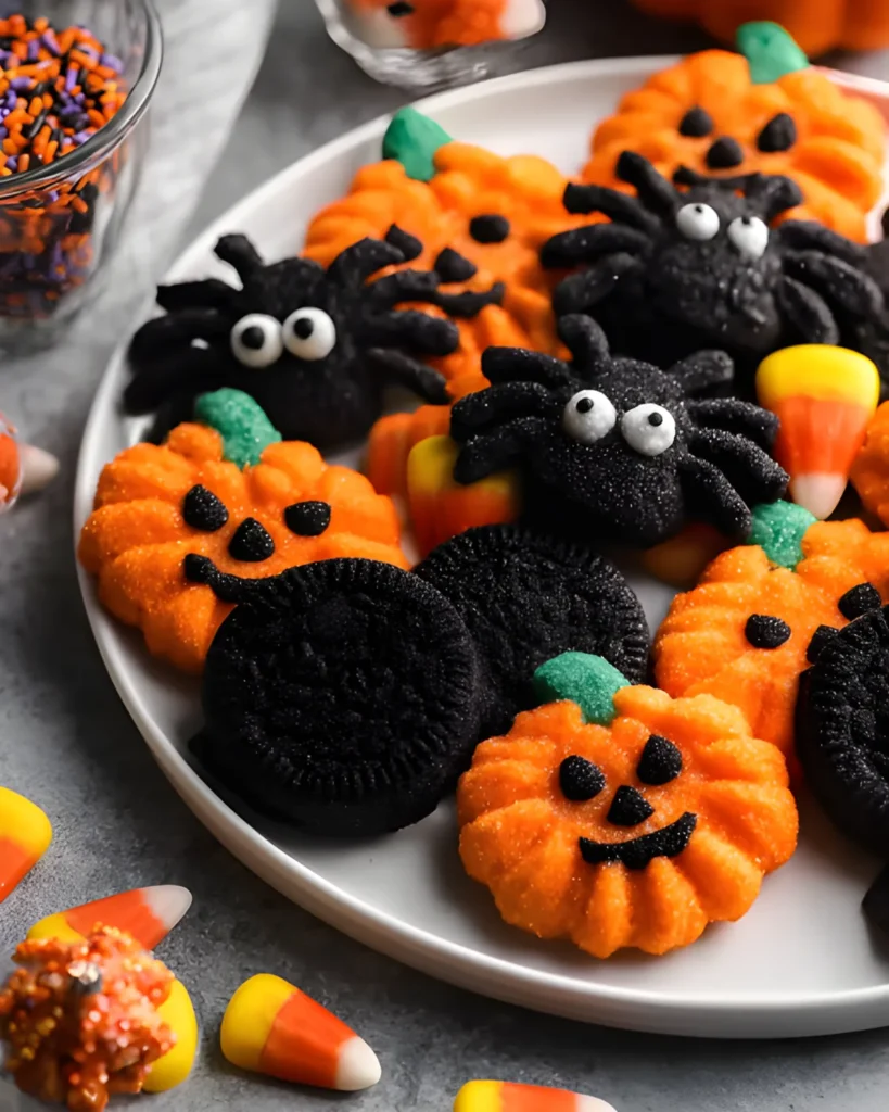 Halloween Spritz Cookies shaped like pumpkins and spiders on a white plate with candy corn