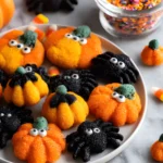Colorful Halloween Spritz Cookies decorated as pumpkins and spiders with candy eyes on a white plate