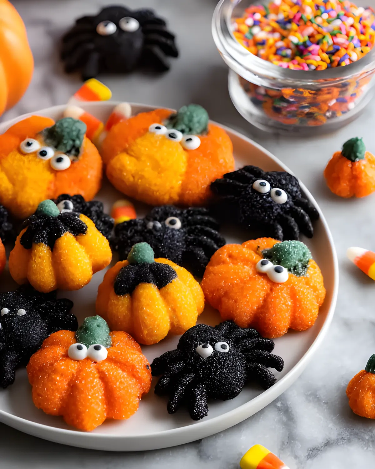 Colorful Halloween Spritz Cookies decorated as pumpkins and spiders with candy eyes on a white plate