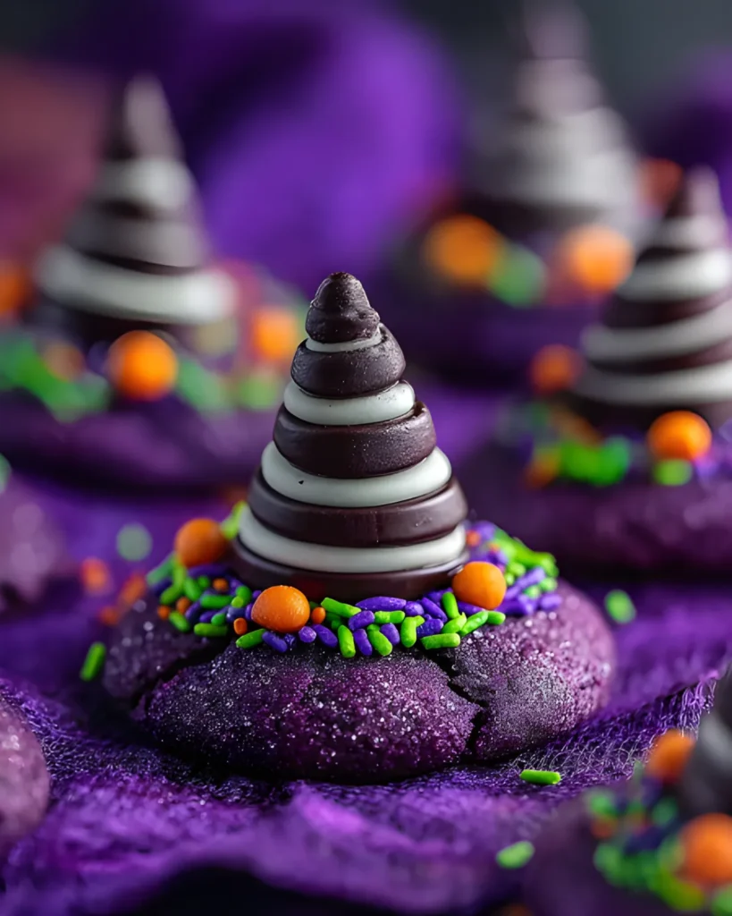 Close-up of Halloween Witch Hat Cookies decorated with chocolate kisses, sprinkles, and vibrant purple sugar