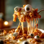 Cheesy Spooky Baked Ziti being lifted with eyeball decorations made from mozzarella and olives