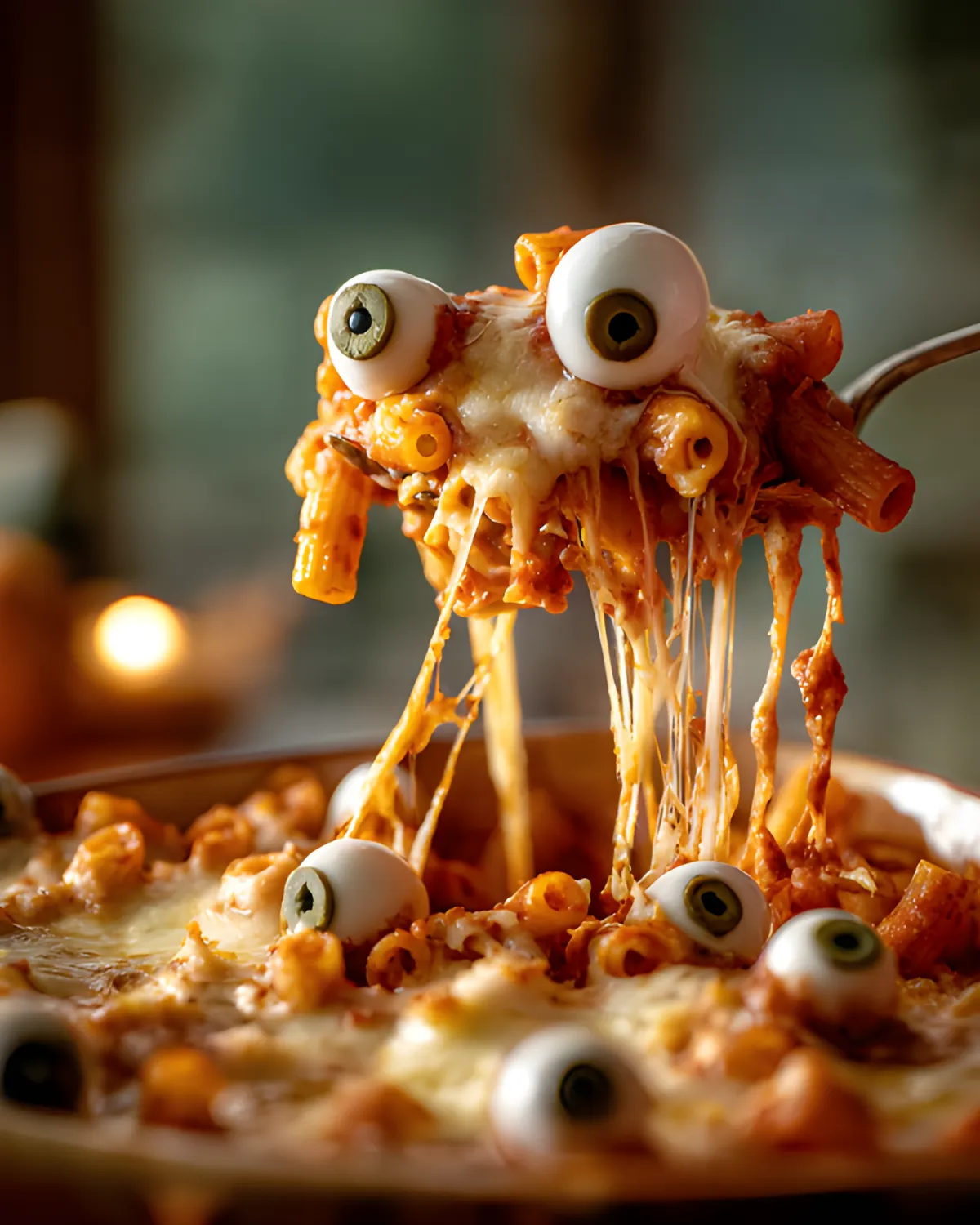 Cheesy Spooky Baked Ziti being lifted with eyeball decorations made from mozzarella and olives