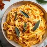 Bowl of creamy Orange Pumpkin Alfredo Pasta topped with sage, rosemary, and red pepper flakes, styled with autumn leaves.