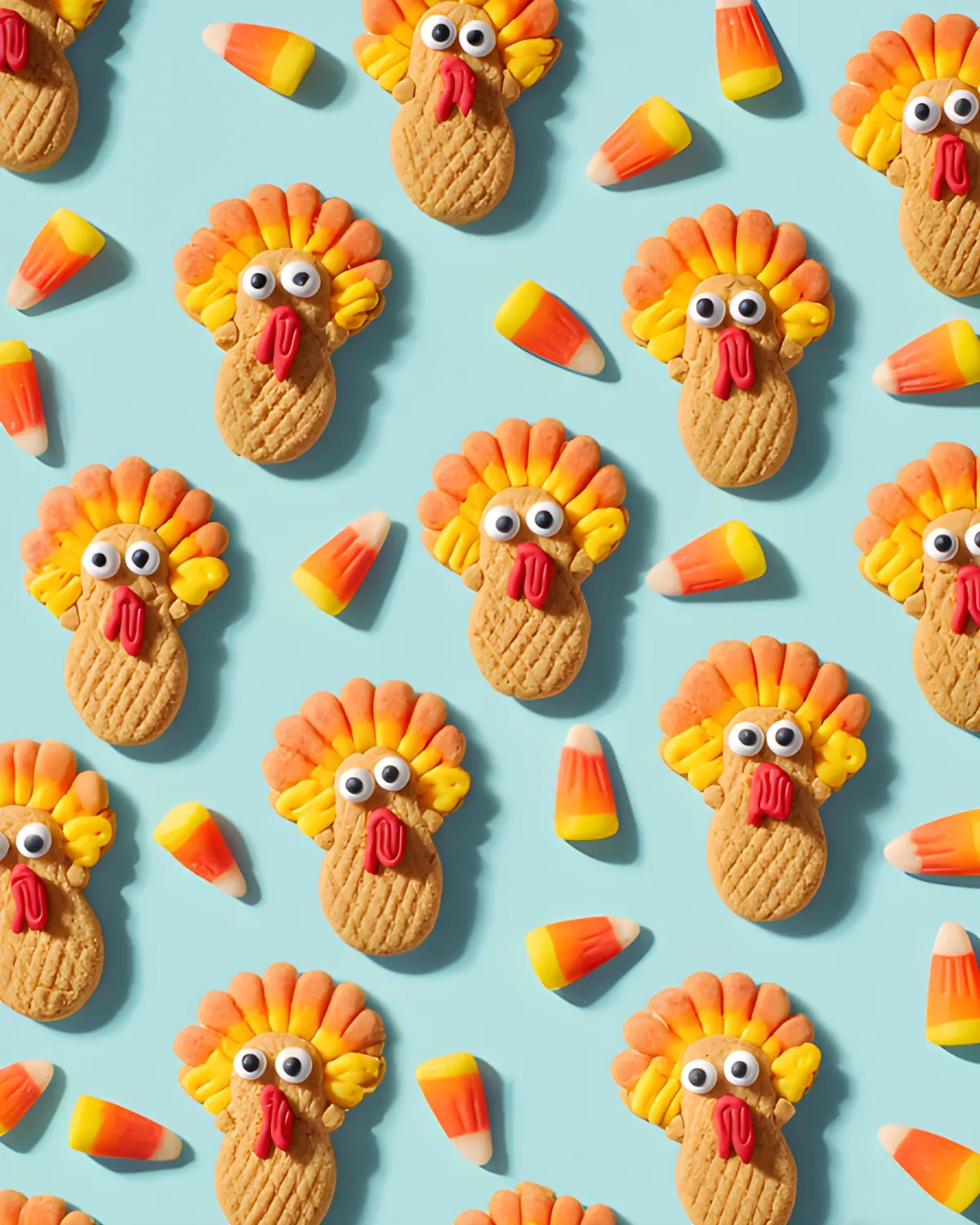 Nutter Butter Turkey Cookies with candy corn feathers and icing details on a bright blue background