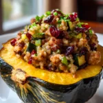 Healthy stuffed acorn squash filled with rice, sausage, cranberries, and herbs on a white plate