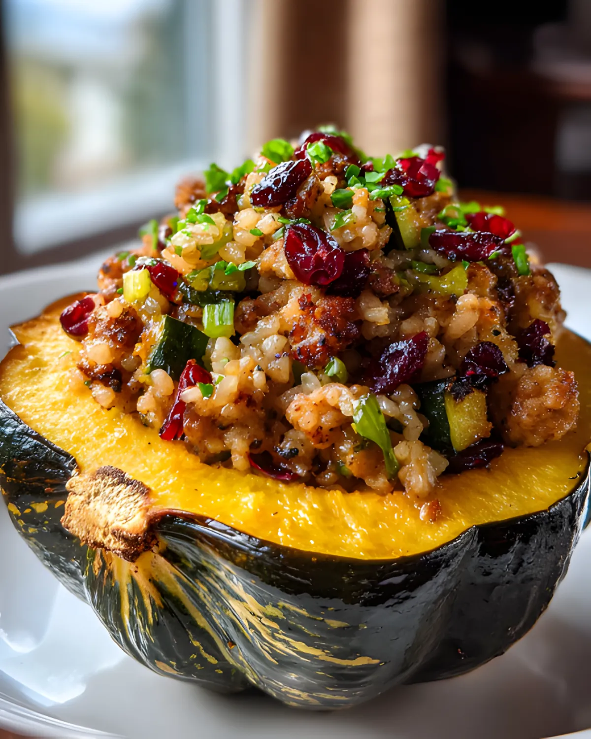 Healthy stuffed acorn squash filled with rice, sausage, cranberries, and herbs on a white plate