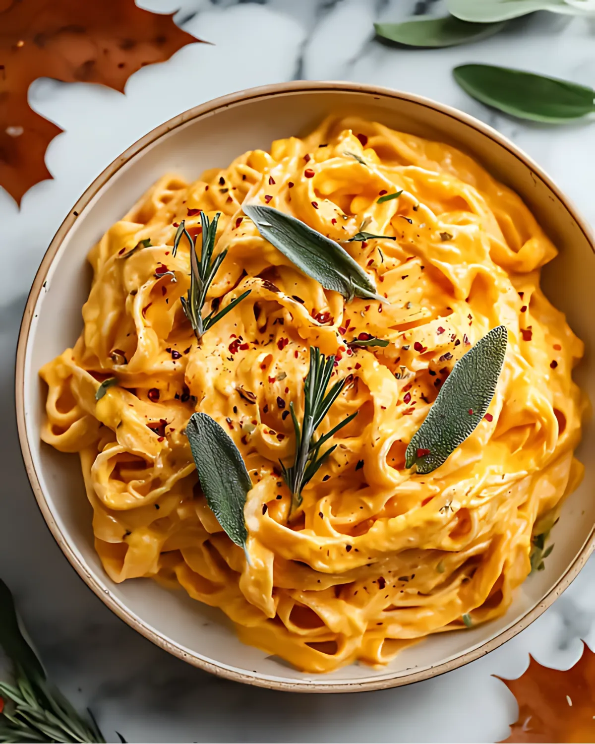 Bowl of creamy Orange Pumpkin Alfredo Pasta topped with sage, rosemary, and red pepper flakes, styled with autumn leaves.