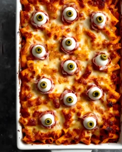 Spooky Baked Ziti casserole with melted cheese and creepy eyeballs made from mozzarella and olives