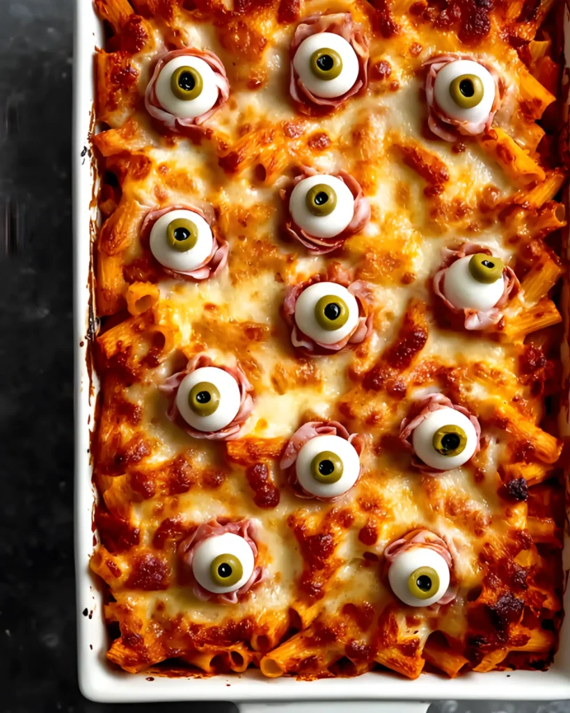 Spooky Baked Ziti casserole with melted cheese and creepy eyeballs made from mozzarella and olives