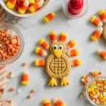 Nutter Butter Turkey Cookies made with candy corn and icing on a white marble background
