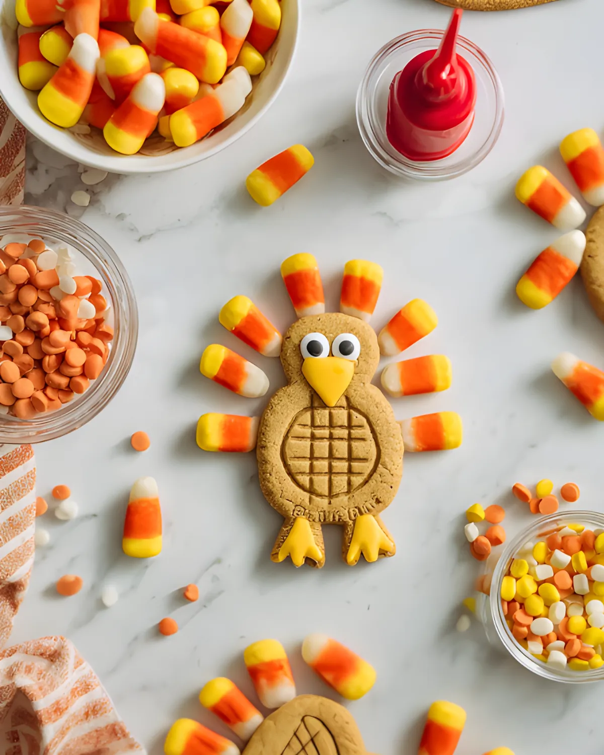 Nutter Butter Turkey Cookies made with candy corn and icing on a white marble background