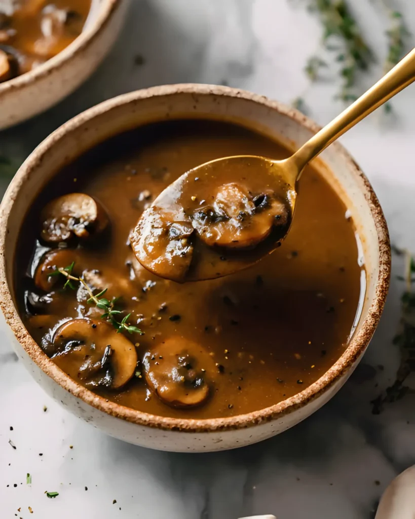 Creamy vegan mushroom gravy served in a rustic ceramic bowl with a golden spoon lifting a bite.