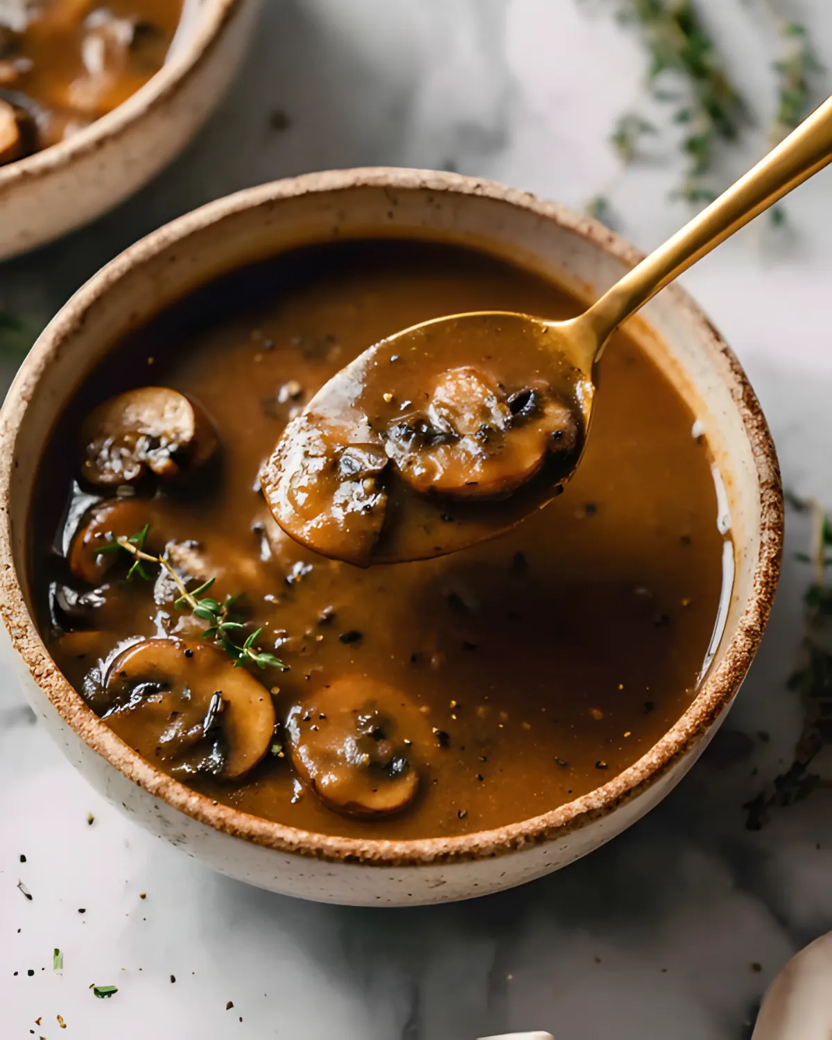 Creamy vegan mushroom gravy served in a rustic ceramic bowl with a golden spoon lifting a bite.