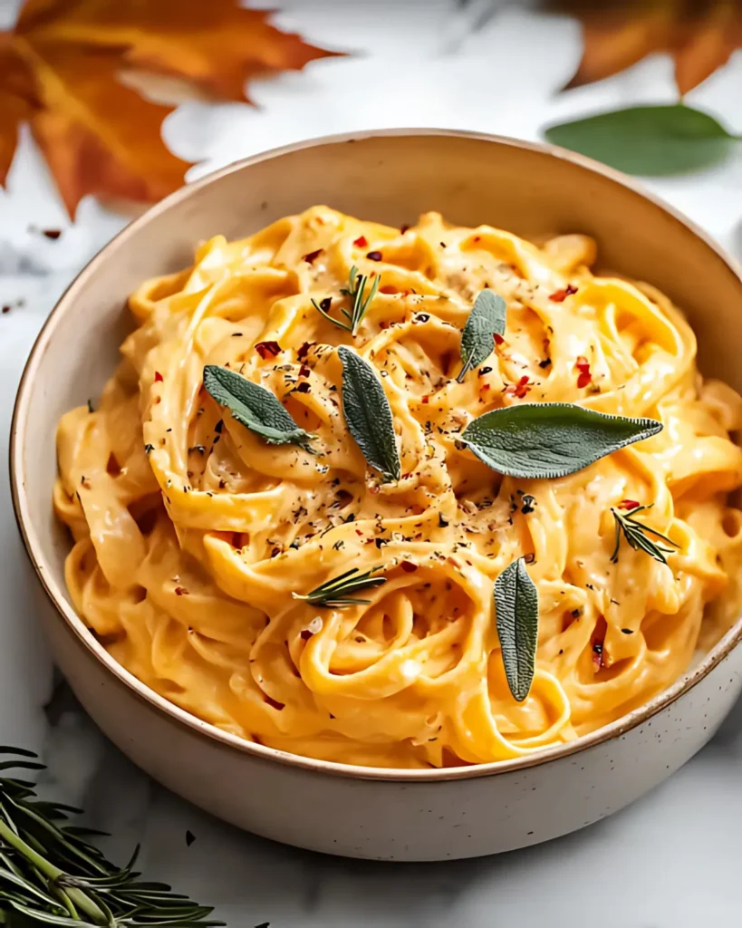 Orange Pumpkin Alfredo Pasta in a bowl, topped with fresh sage, rosemary, and black pepper, styled with fall leaves on a marble background.