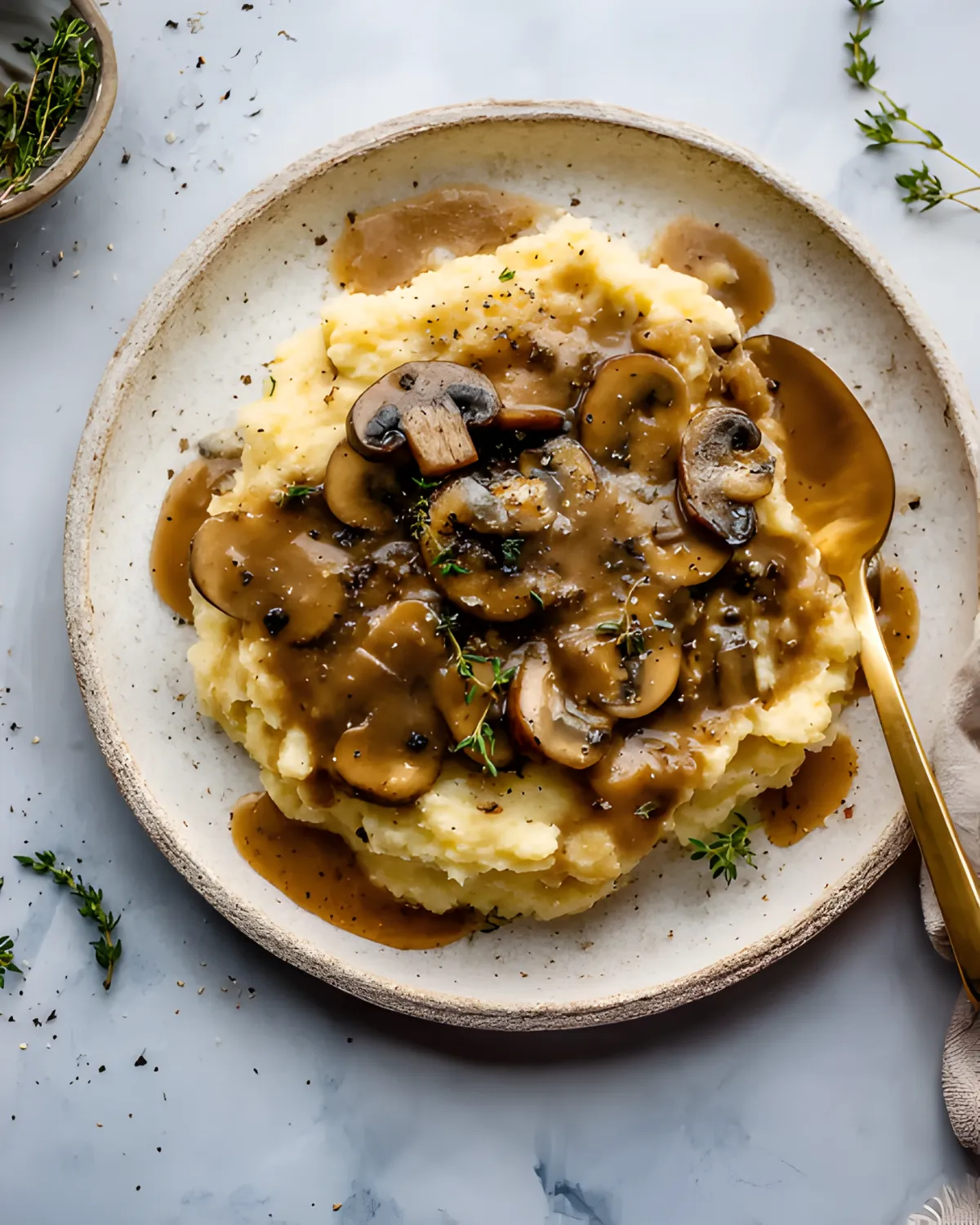 Creamy vegan mushroom gravy poured over fluffy mashed potatoes and garnished with fresh herbs.