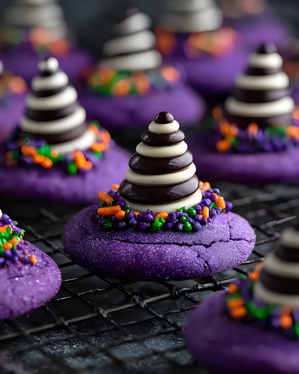 Halloween Witch Hat Cookies cooling on a wire rack, decorated with purple sugar, striped chocolate kisses, and colorful sprinkles