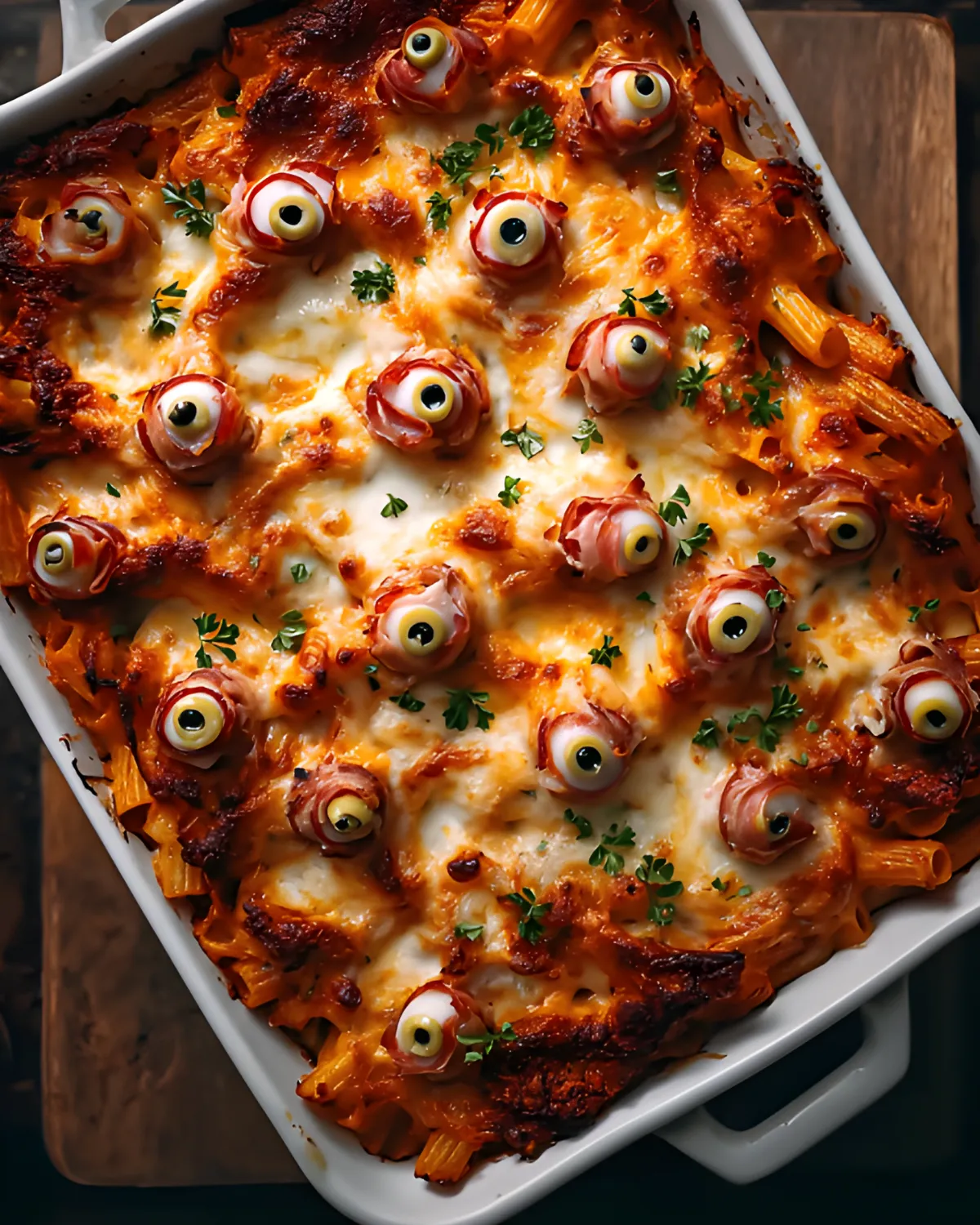 Spooky Baked Ziti topped with mozzarella eyeballs and marinara sauce in a white casserole dish
