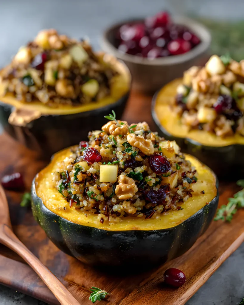Healthy stuffed acorn squash filled with quinoa, cranberries, apples, walnuts, and herbs on a wooden serving board