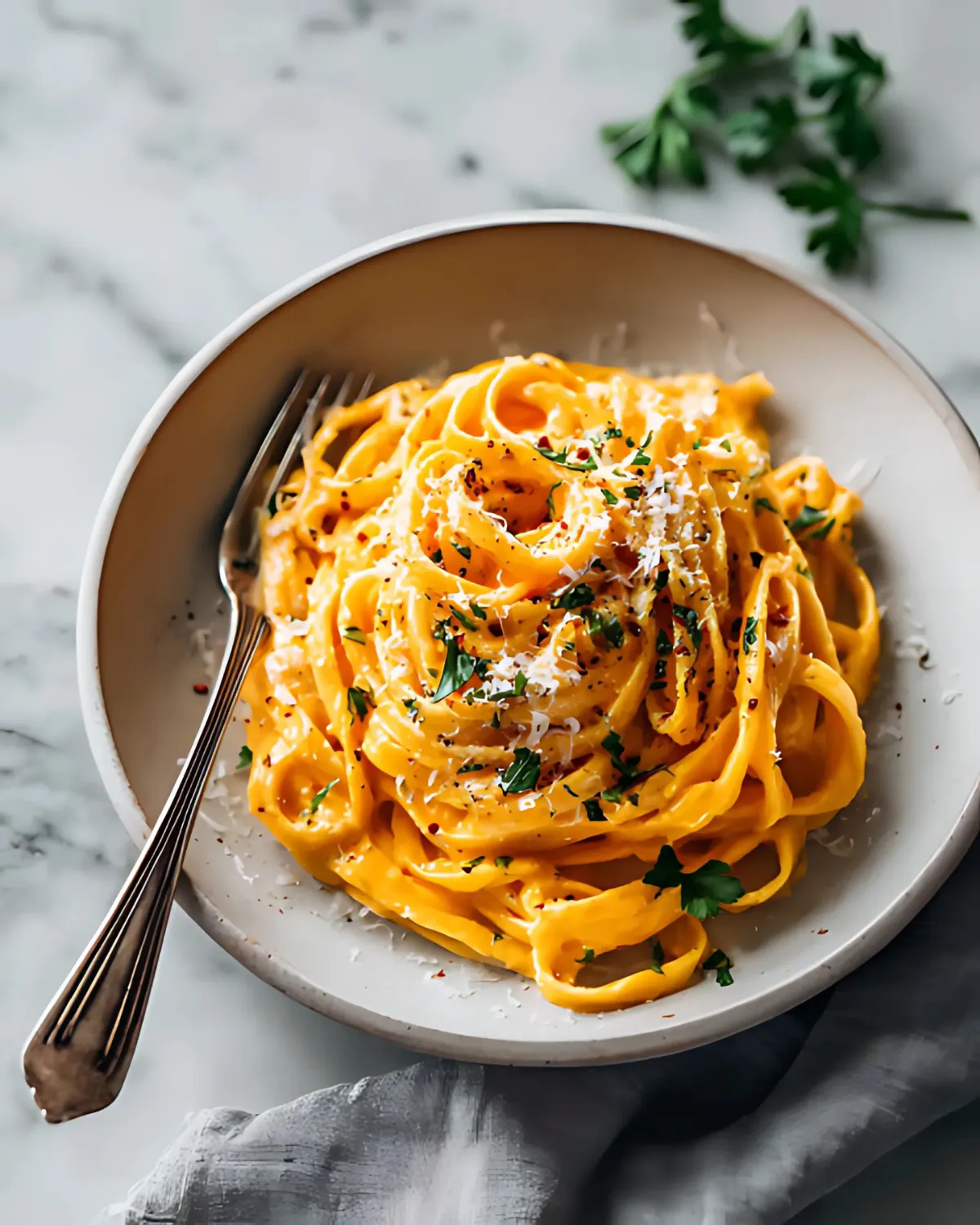 Creamy orange pumpkin Alfredo pasta garnished with fresh parsley and grated cheese in a white bowl on a marble table.