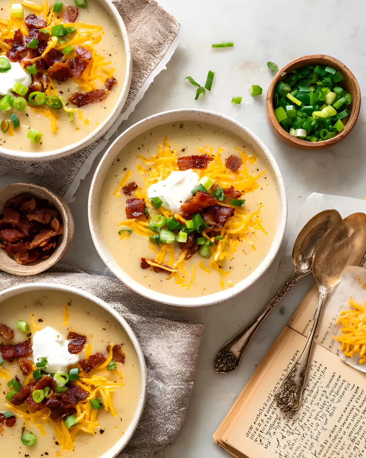 A hearty bowl of gluten-free potato soup topped with crispy bacon, shredded cheese, sour cream, and green onions.
