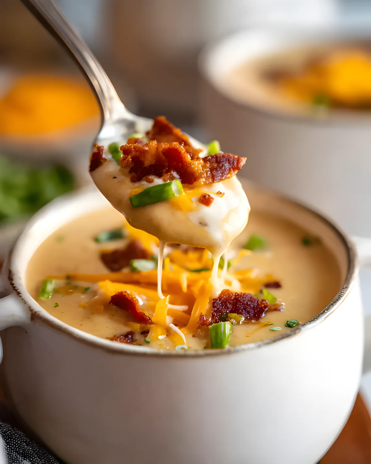 Close-up of a spoonful of creamy gluten-free potato soup with melted cheese, crispy bacon, and chopped green onions.
