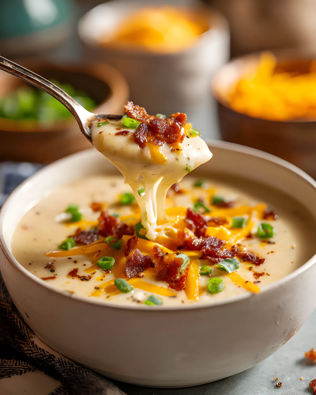 A spoonful of gluten-free potato soup with melted cheese, crispy bacon, and green onions being lifted from a creamy bowl.
