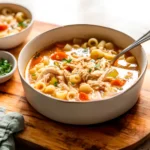 Hearty homemade chicken soup recipe with shredded chicken, pasta, and vegetables in a white bowl.