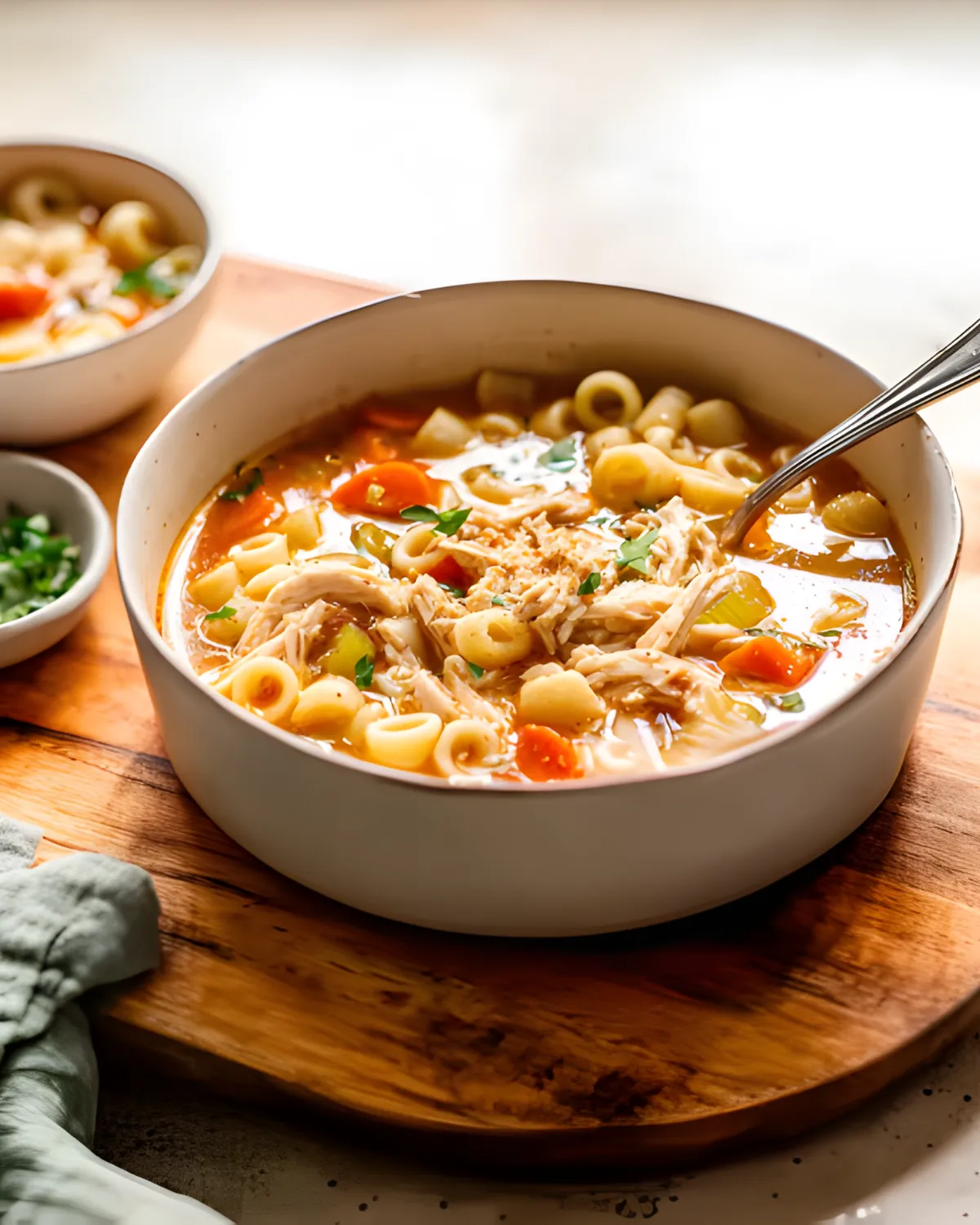 Hearty homemade chicken soup recipe with shredded chicken, pasta, and vegetables in a white bowl.