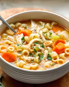 Creamy chicken soup recipe with ditalini pasta, shredded chicken, carrots, and celery in a white bowl.