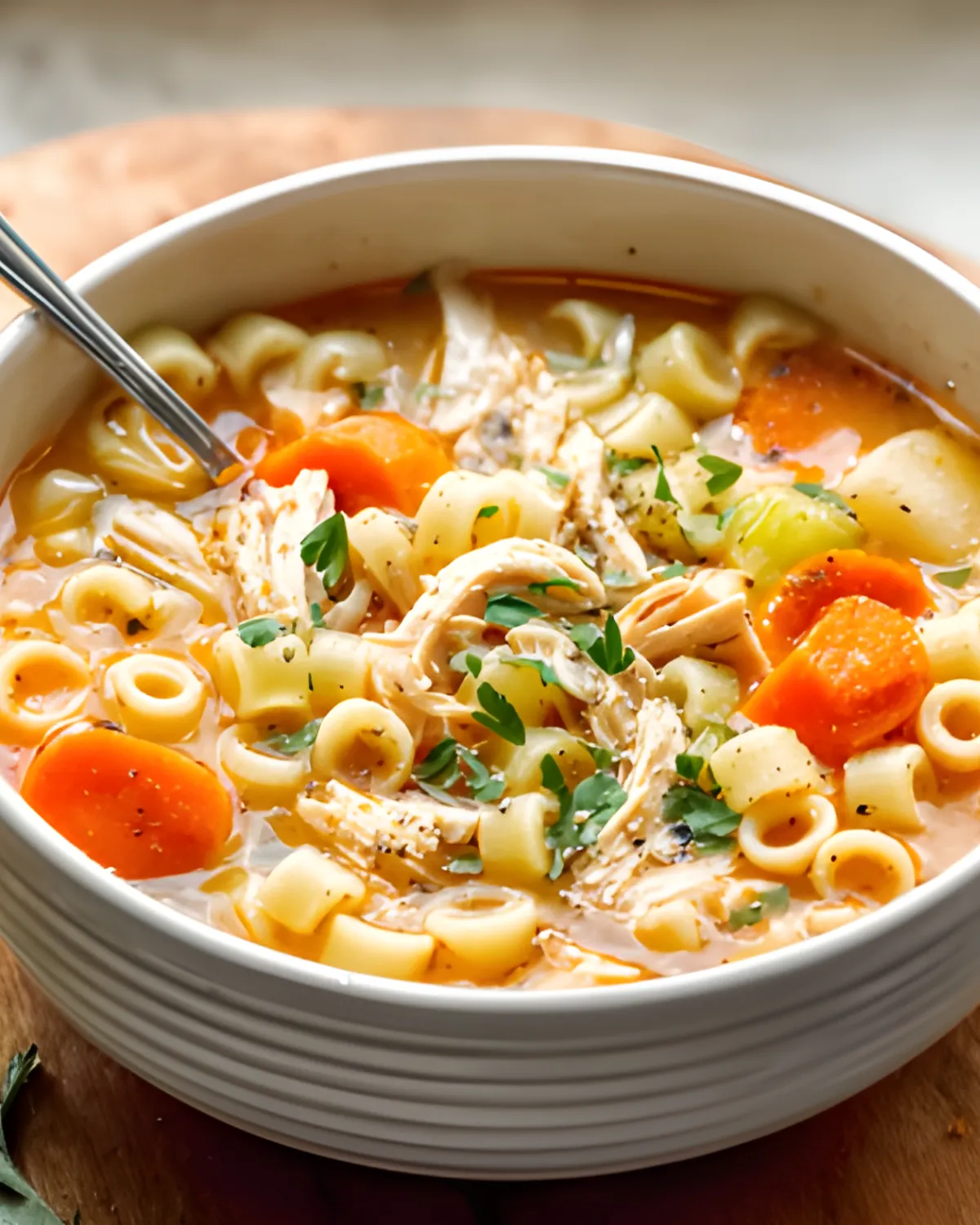 Creamy chicken soup recipe with ditalini pasta, shredded chicken, carrots, and celery in a white bowl.