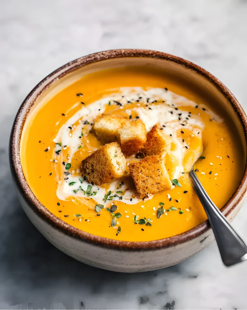 Simple Butternut Squash Soup with croutons, cream swirl, and fresh herbs served in a rustic bowl on a marble surface