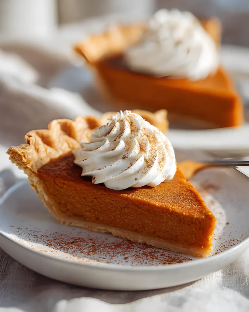 Close-up of a slice of vegan pumpkin pie with coconut milk topped with whipped cream and dusted with cinnamon