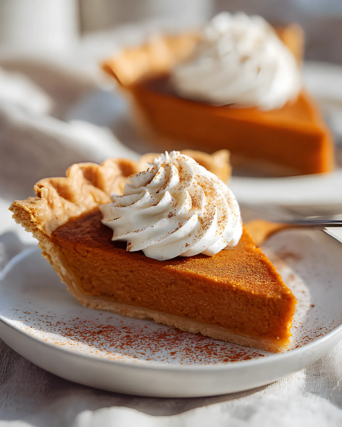 Close-up of a slice of vegan pumpkin pie with coconut milk topped with whipped cream and dusted with cinnamon