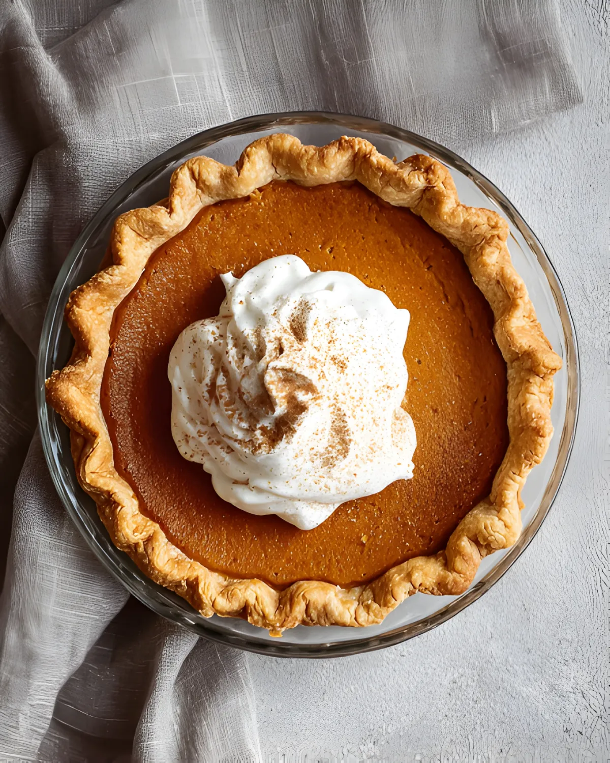 Whole vegan pumpkin pie with coconut milk topped with whipped cream and sprinkled with cinnamon