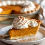 Slice of vegan pumpkin pie with coconut milk topped with whipped cream and cinnamon
