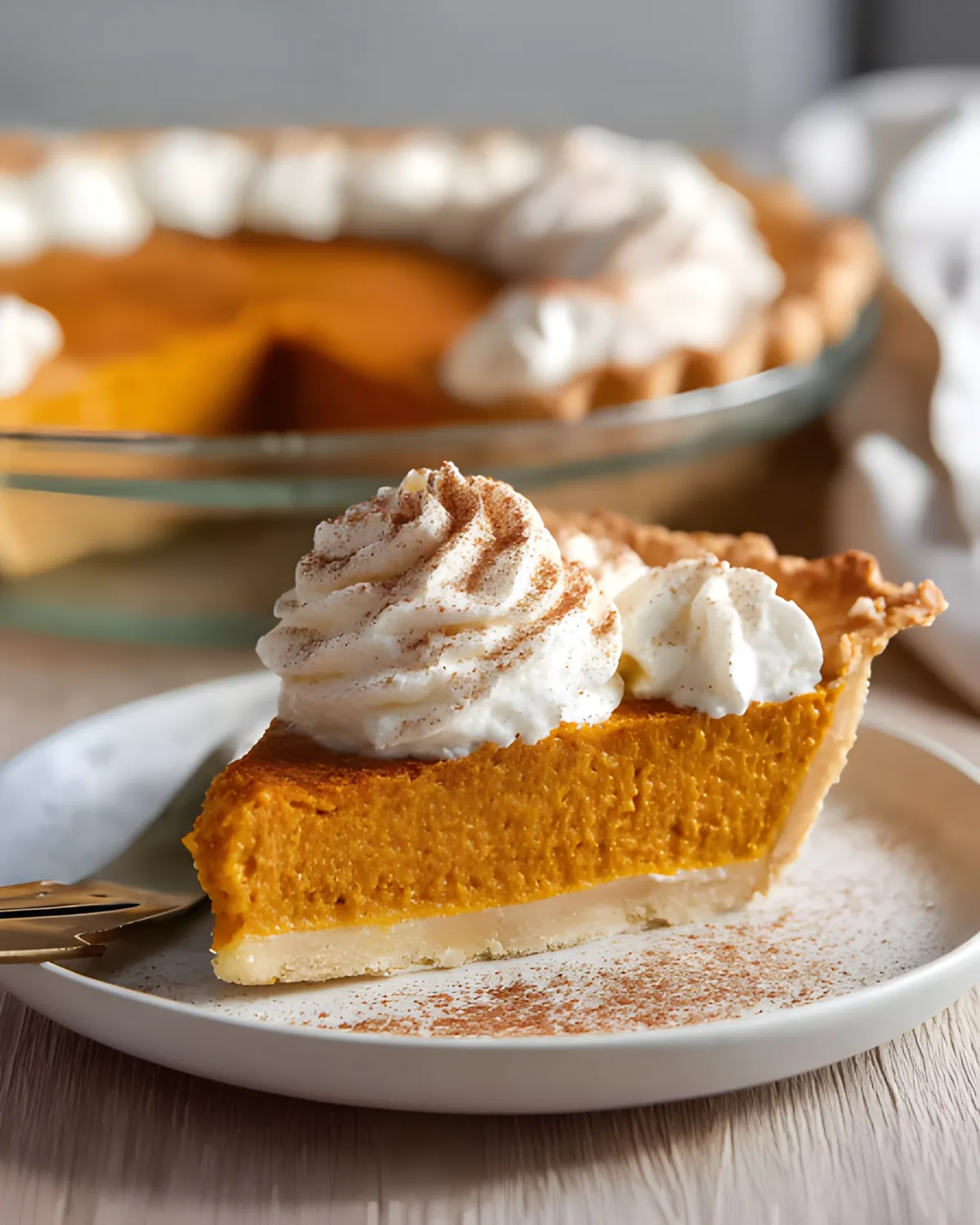 Slice of vegan pumpkin pie with coconut milk topped with whipped cream and cinnamon
