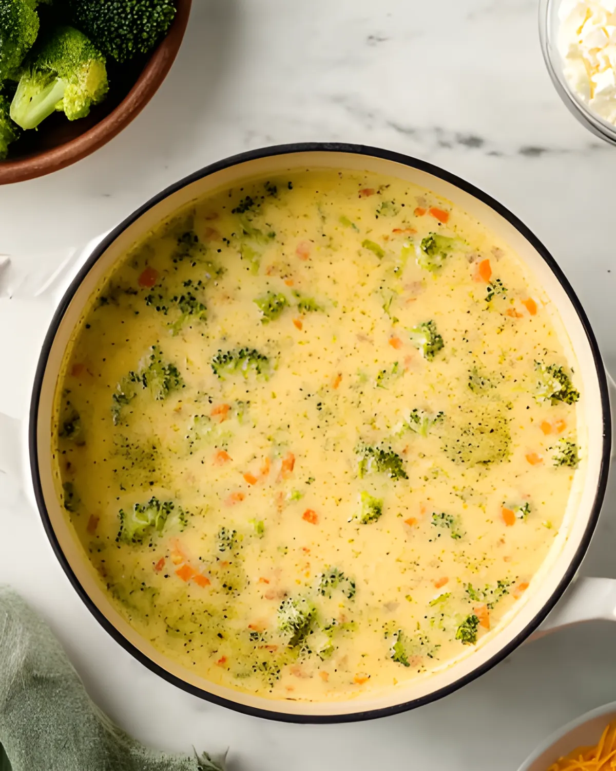 Creamy high protein broccoli cheddar soup with carrots and broccoli in a large white pot.