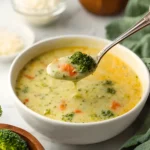 Spoonful of high protein broccoli cheddar soup lifted from a white bowl with visible broccoli and carrots.