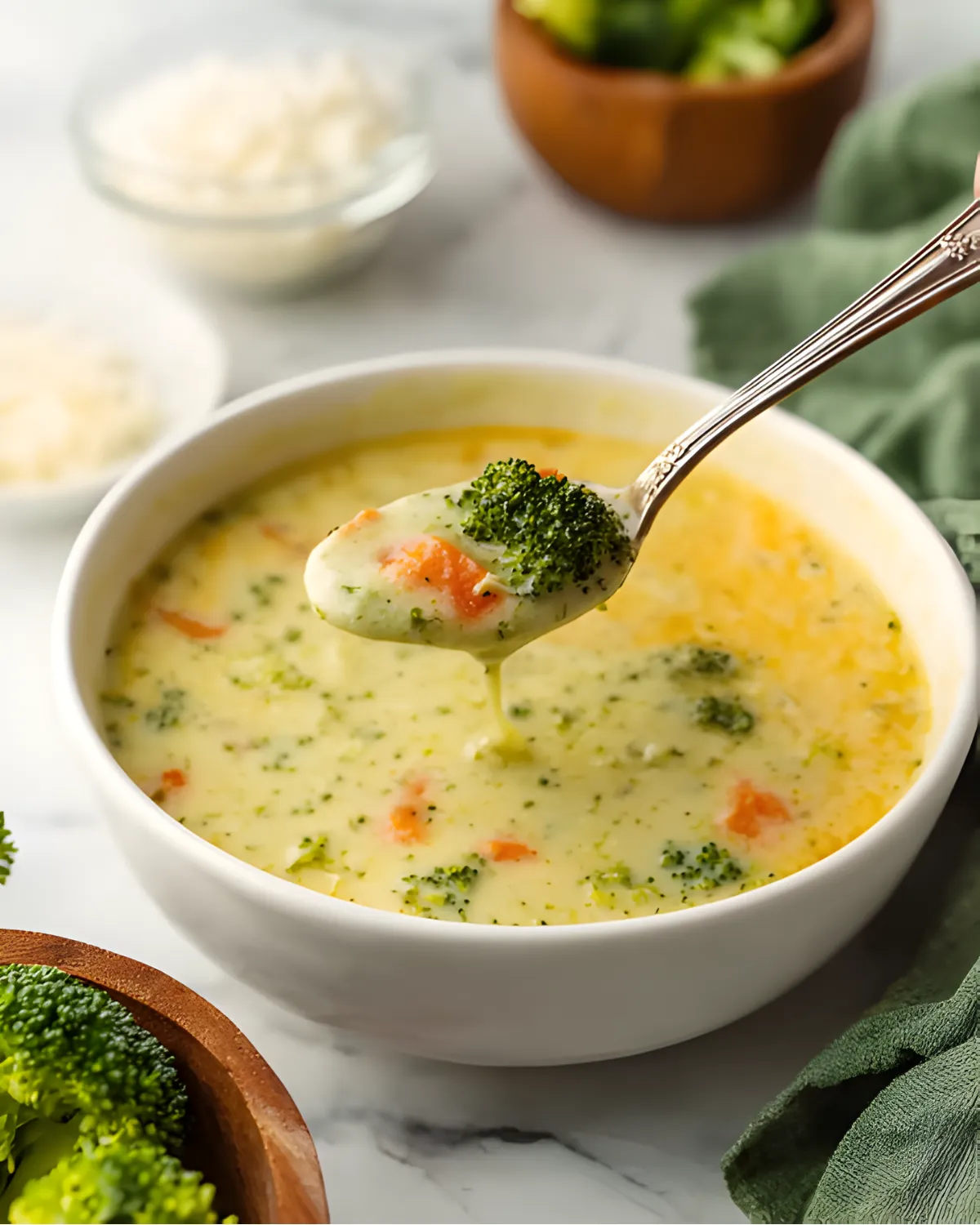 Spoonful of high protein broccoli cheddar soup lifted from a white bowl with visible broccoli and carrots.