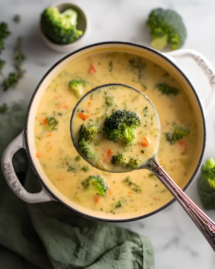 Ladle serving high protein broccoli cheddar soup from a white Dutch oven.