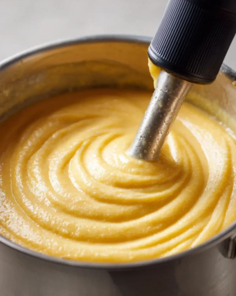 Blending creamy potato soup in a pot