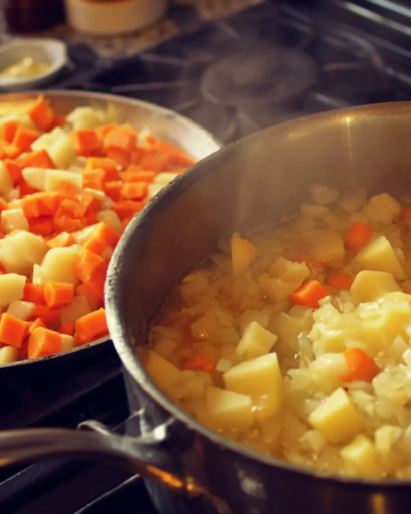 Step-by-step process of cooking potato soup