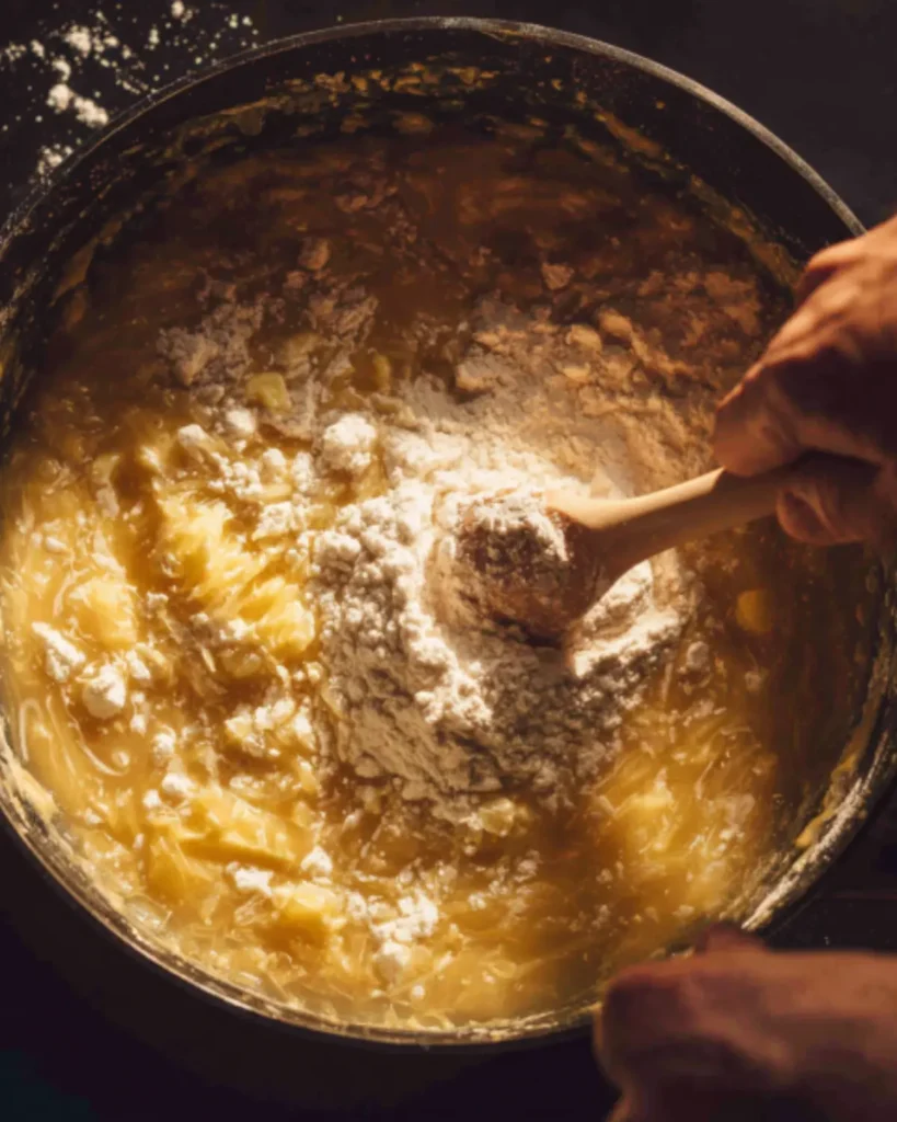 Making roux for potato soup with butter and flour