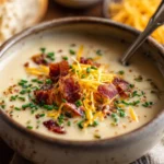 Served bowl of creamy potato soup with toppings