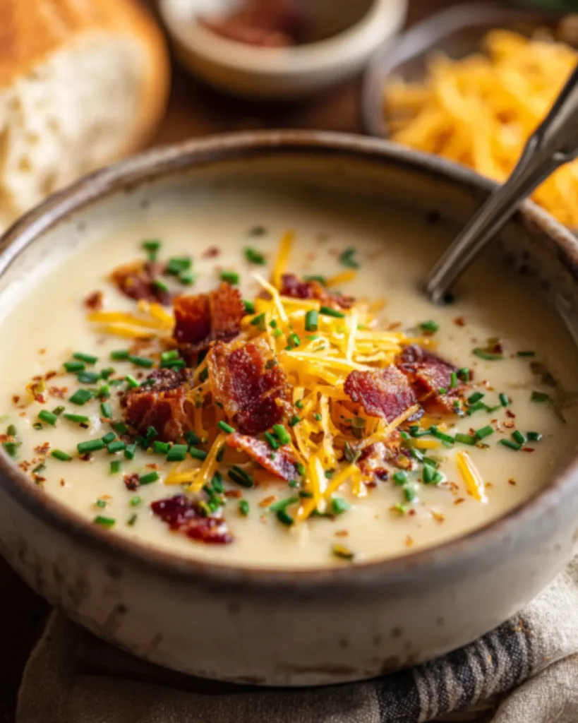 Served bowl of creamy potato soup with toppings