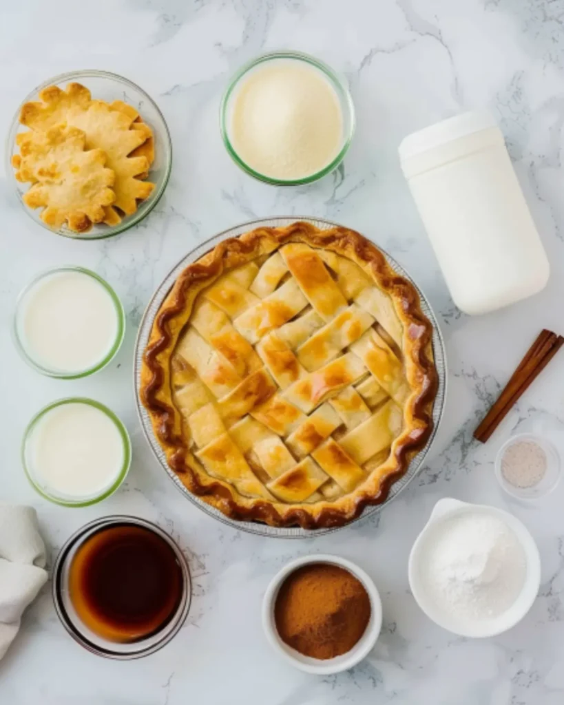 Top view of Apple Pie Milkshake ingredients including apple pie, cinnamon, vanilla, cream, sugar, and milk on a marble surface